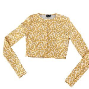 Longsleeve Cute Floral Crop Top 90s Inspired Yellow Lettuce Trim Buttons XS/S